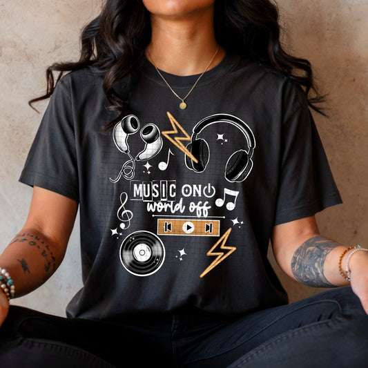 Music On, World Off white ink TEE