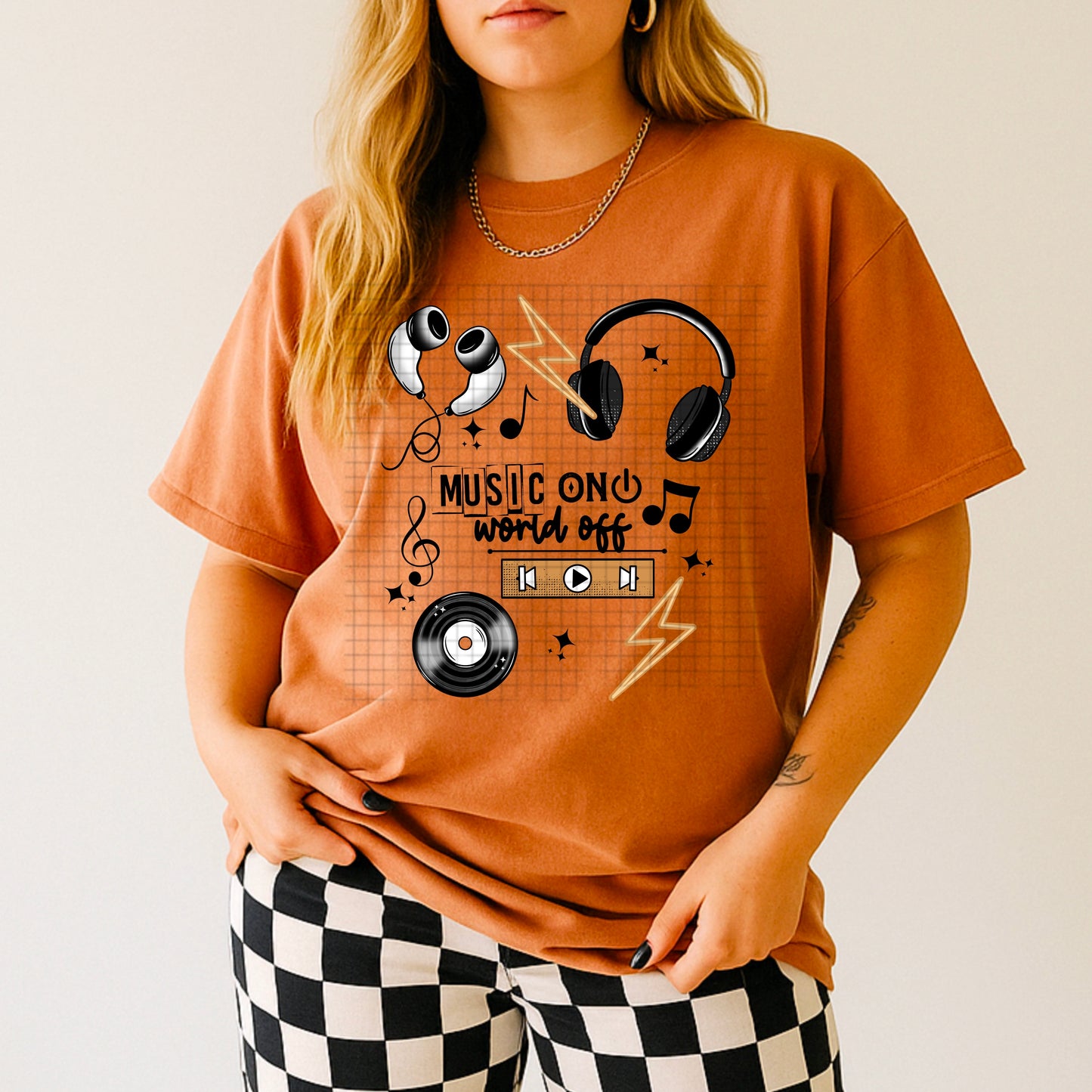 Music On, World Off black ink TEE