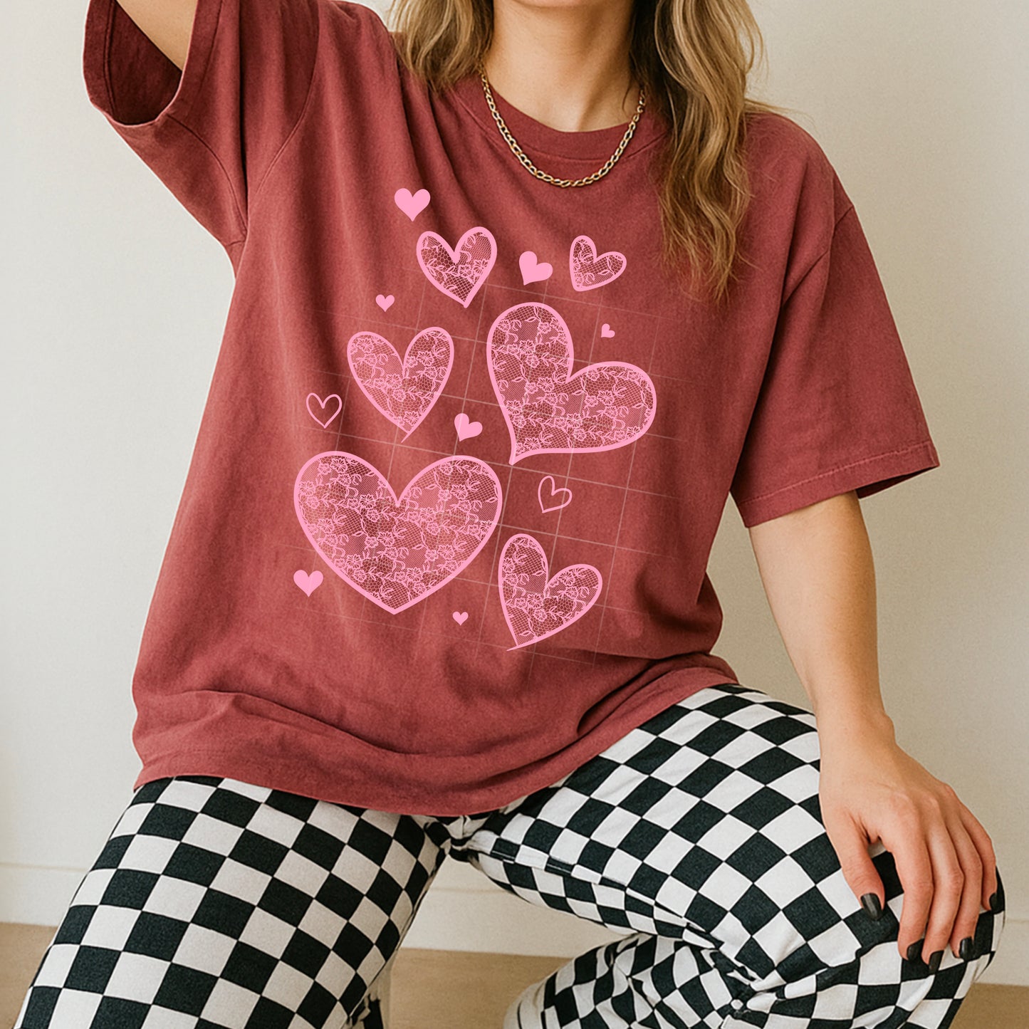 Lace Hearts- Pink print tee