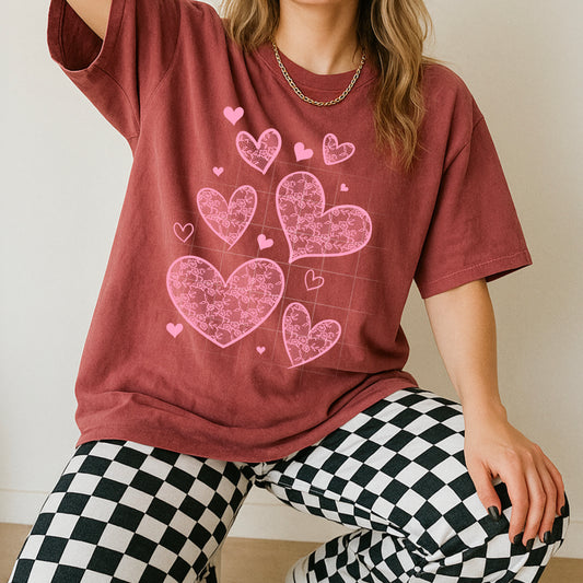 Lace Hearts- Pink print tee