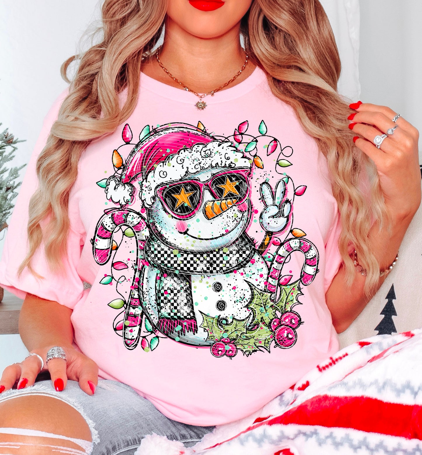 Doodle Snowman Christmas Lights TEE